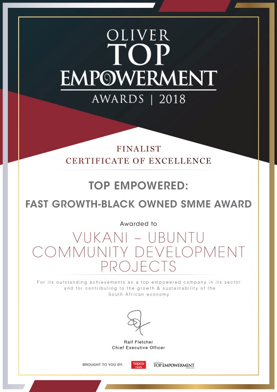 Oliver Empowerment Award to Vukani-Ubuntu - FAST GROWTH-BLACK OWNED SMME AWARD
